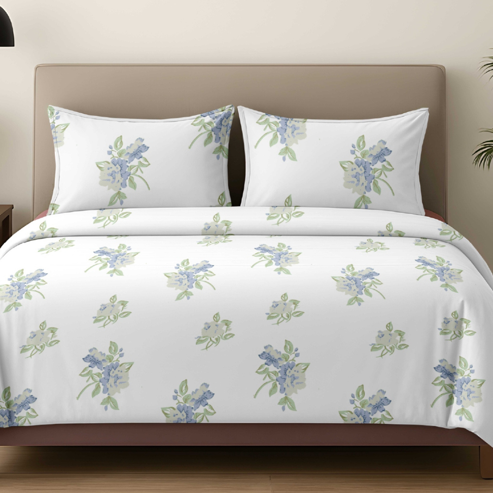 Vivron King-Size Bedsheet | 100% Pure Cotton Floral Design | Green & Light Blue