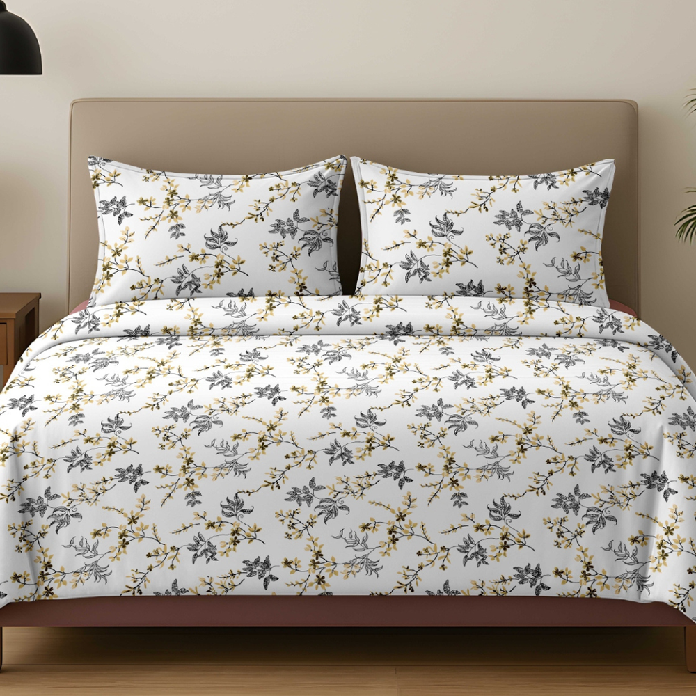 Vivron King-Size Bedsheet | 100% Pure Cotton Floral Design | Yellow Floral
