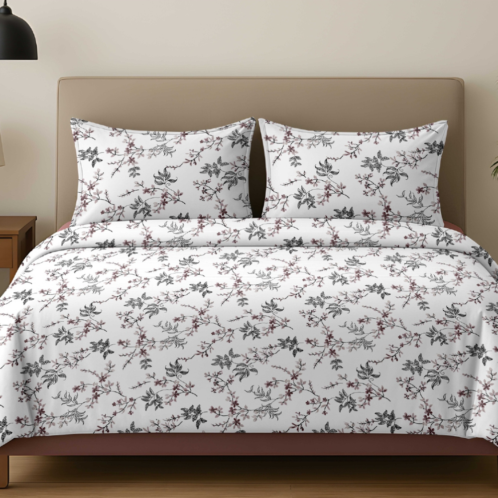 Vivron King-Size Bedsheet | 100% Pure Cotton Floral Design | Dark Grey Floral
