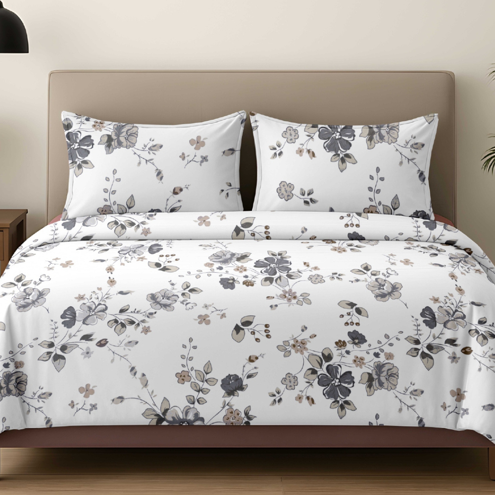 Vivron King-Size Bedsheet | 100% Pure Cotton Floral Design | Ash floral