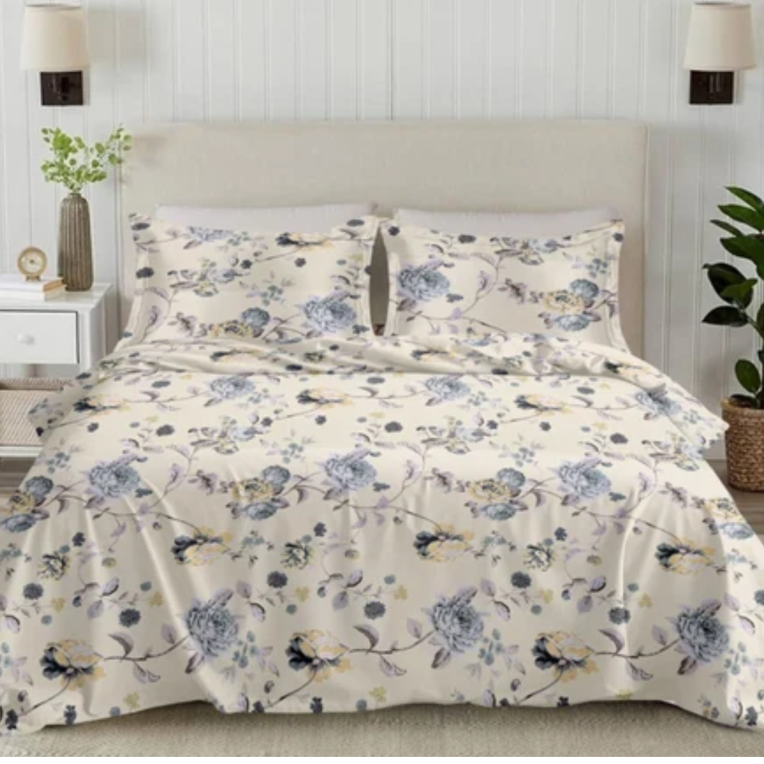 Soft Loom King-Size Bedsheet | 100% Cotton | Blue & Yeloow Floral