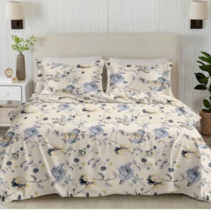 Soft Loom King-Size Bedsheet | 100% Cotton | Blue & Yeloow Floral