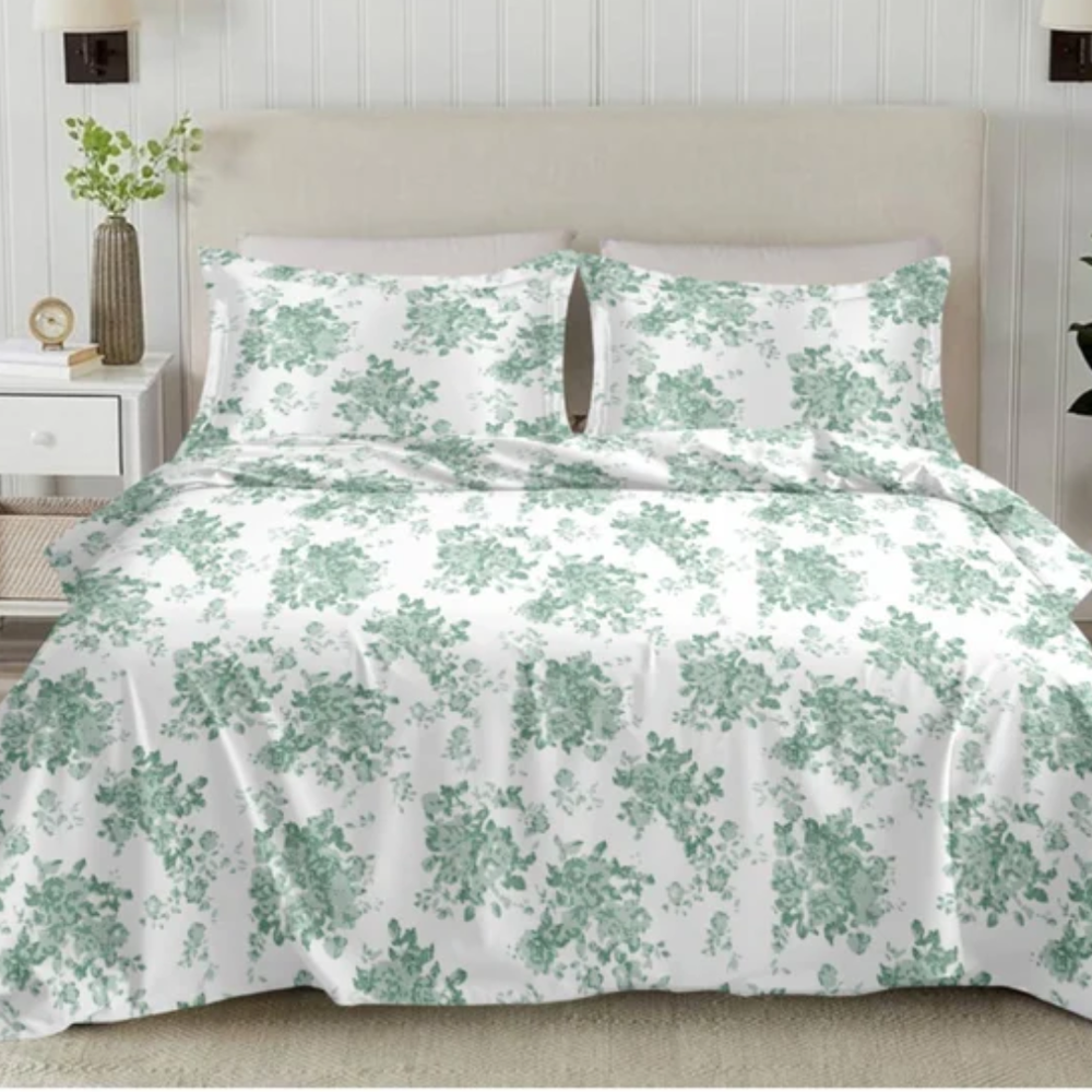 Elan King-Size Bedsheet | 100% Cotton | 250 TC Percale | Crisp & Fresh Feel | Green Floral