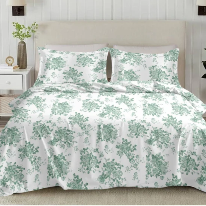 Imperial King-Size Bedsheet | 100% Cotton | 250 TC Percale | Crisp & Fresh Feel | Green Floral
