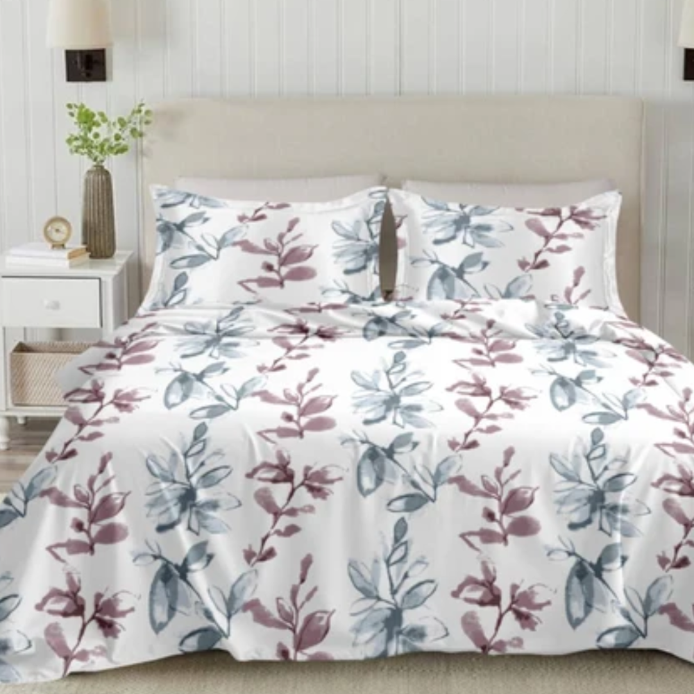 Elan King-Size Bedsheet | 100% Cotton | 250 TC Percale | Crisp & Fresh Feel | Purple & Blue Floral