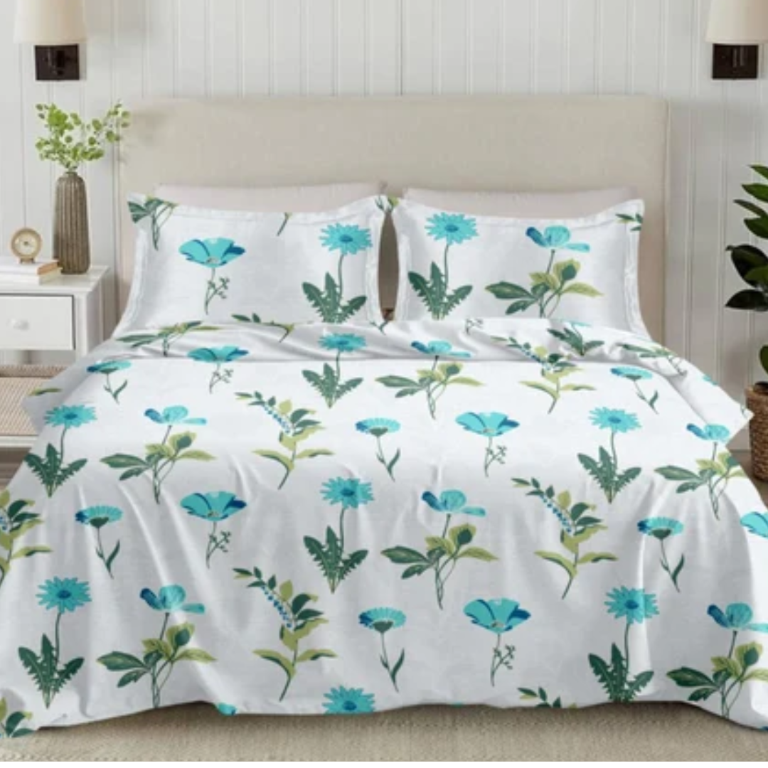 Soft Loom King-Size Bedsheet | 100% Cotton | Blue & Green Floral