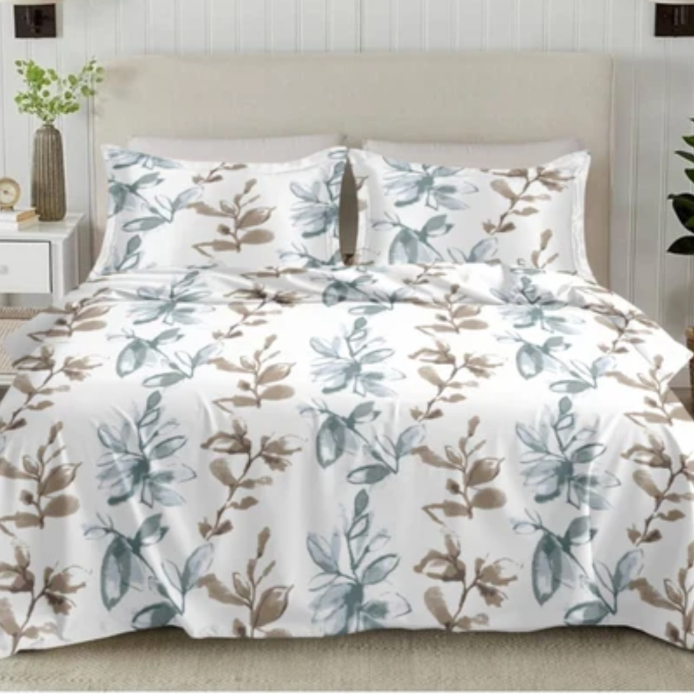 Elan King-Size Bedsheet | 100% Cotton | 250 TC Percale | Crisp & Fresh Feel | Blue & Gray Floral