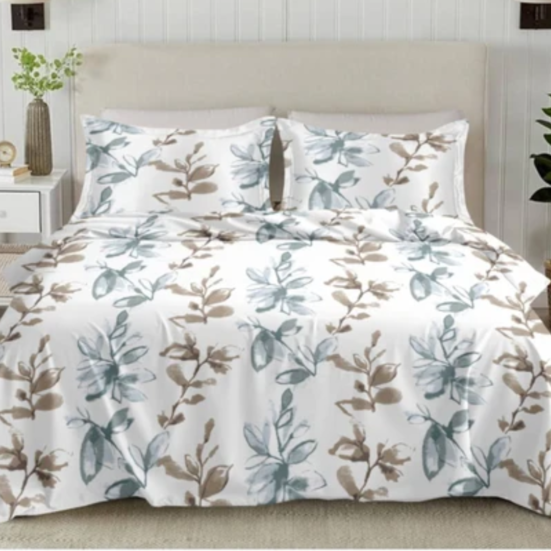 Elan King-Size Bedsheet | 100% Cotton | 250 TC Percale | Crisp & Fresh Feel | Blue & Gray Floral