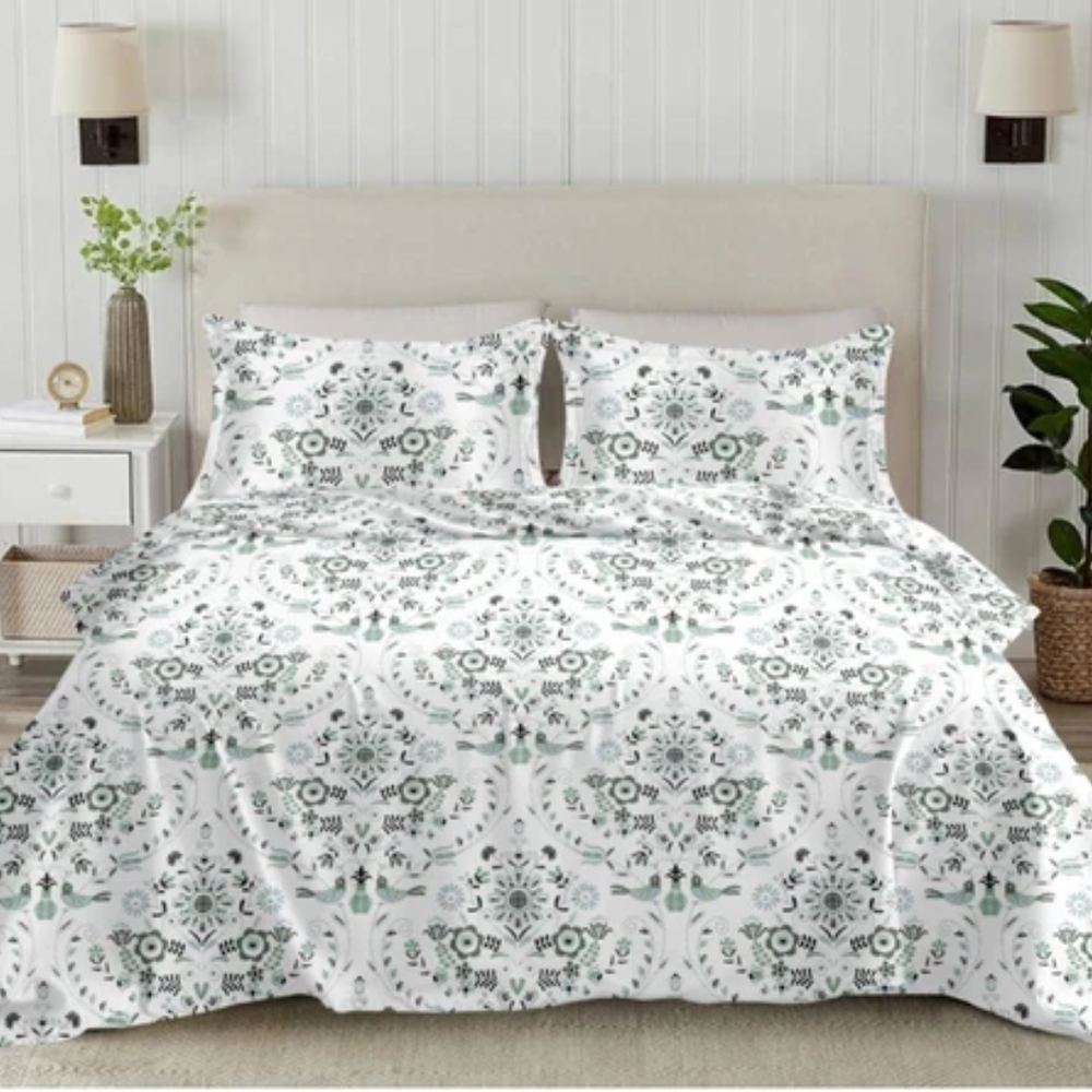 Elan King-Size Bedsheet | 100% Cotton | 250 TC Percale | Crisp & Fresh Feel | White & Green Floral
