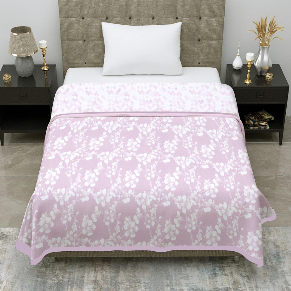 Premia Single Dohar |  Reversible Blanket  | 100% Cotton  | White & Pink Floral