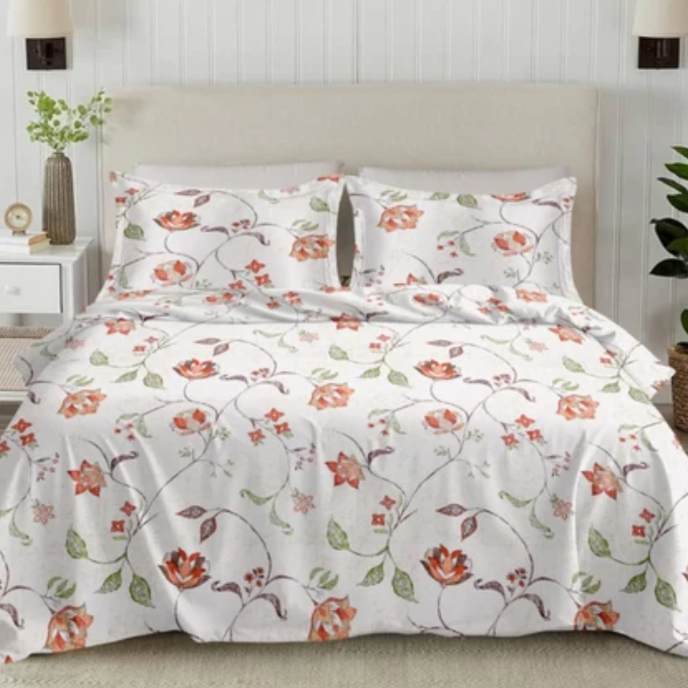 Soft Loom King-Size Bedsheet | 100% Cotton  | Red & Green Floral