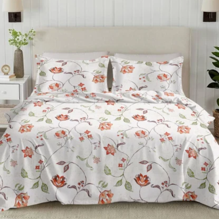 Soft Loom King-Size Bedsheet | 100% Cotton  | Red & Green Floral