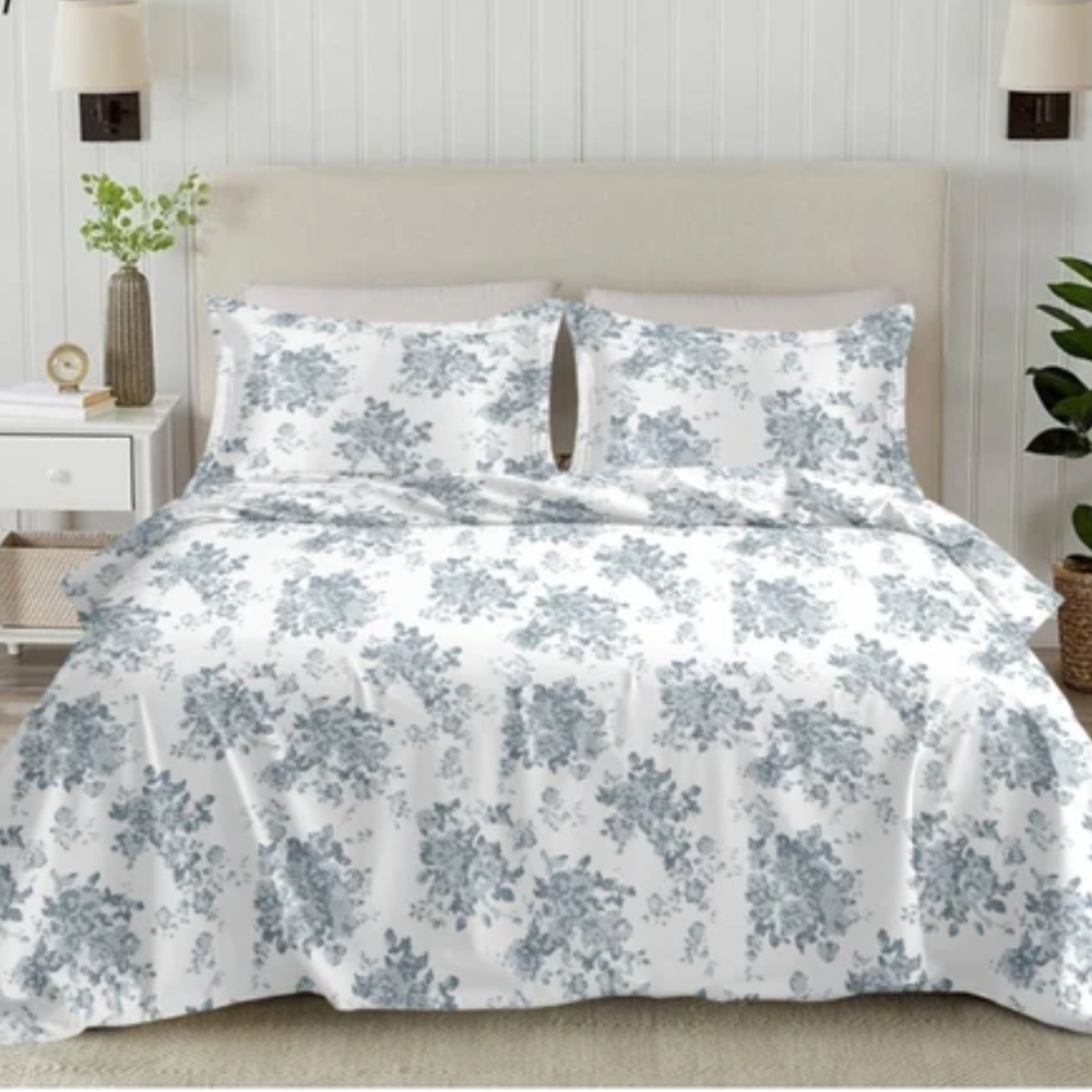 Elan King-Size Bedsheet | 100% Cotton | 250 TC Percale | Crisp & Fresh Feel | Blue Floral