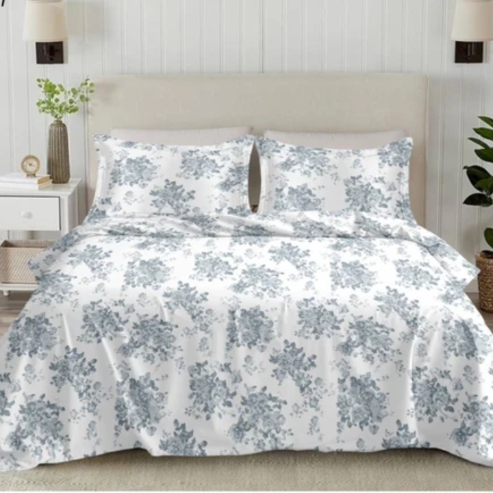 Imperial King-Size Bedsheet | 100% Cotton | 250 TC Percale | Crisp & Fresh Feel | Blue Floral