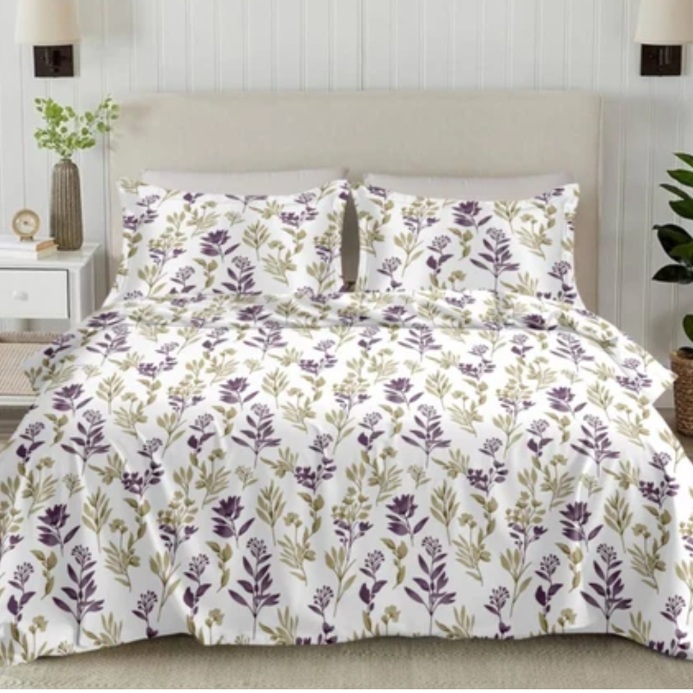Soft Loom King-Size Bedsheet | 100% Cotton  | Purple & Olive Green Floral