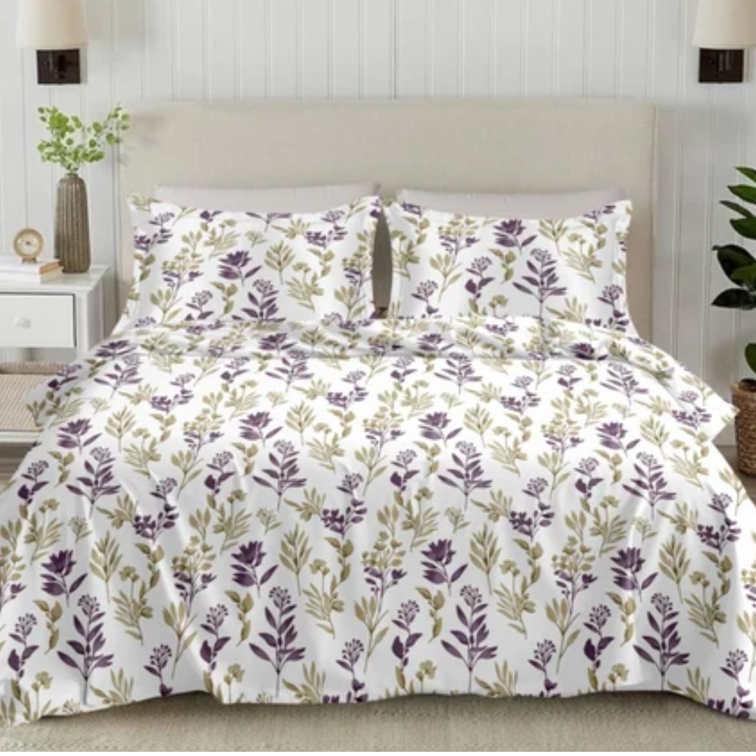 Soft Loom King-Size Bedsheet | 100% Cotton  | Purple & Olive Green Floral
