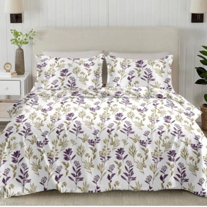 Soft Loom King-Size Bedsheet | 100% Cotton  | Purple & Olive Green Floral