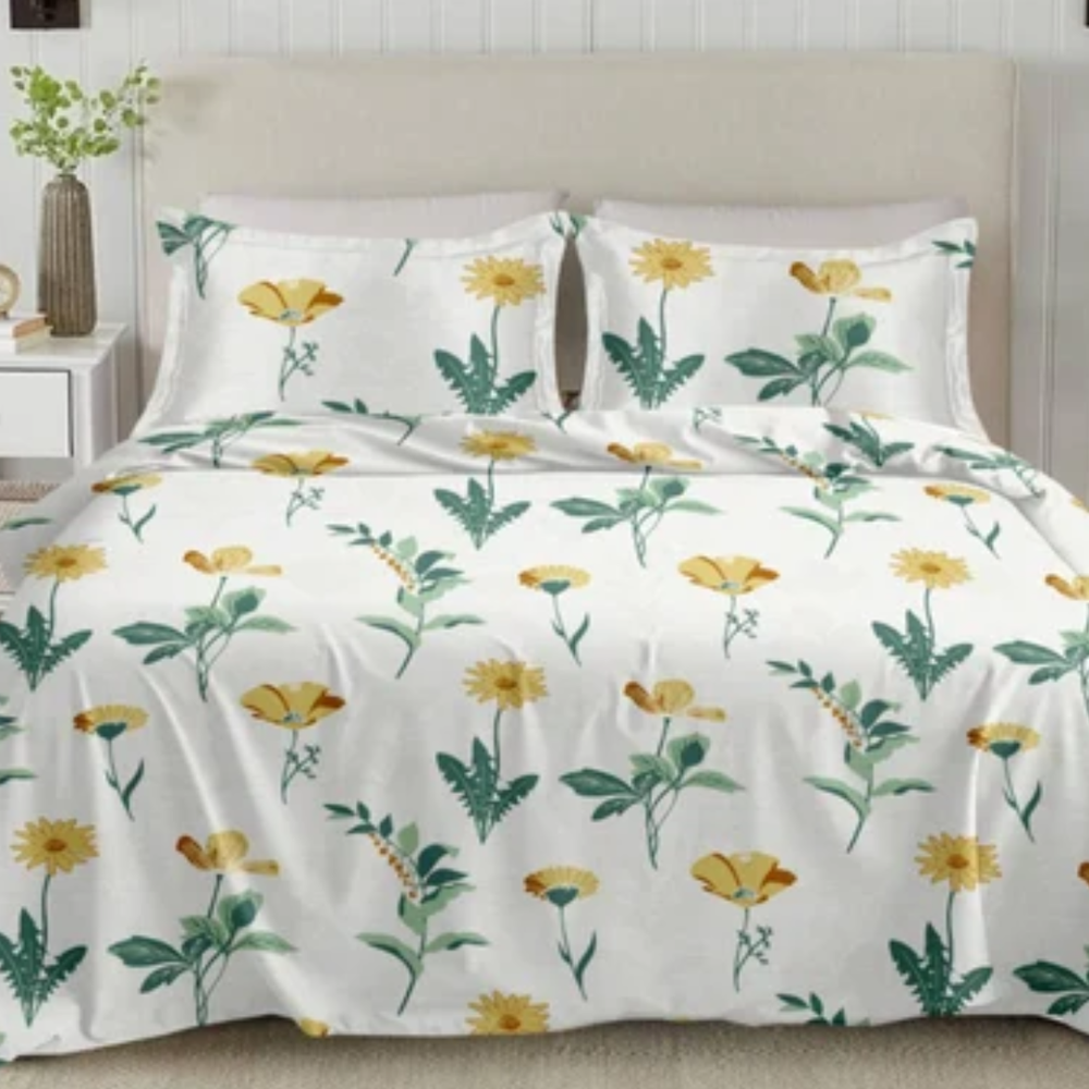 Soft Loom King-Size Bedsheet | 100% Cotton | White & Yellow Green Floral