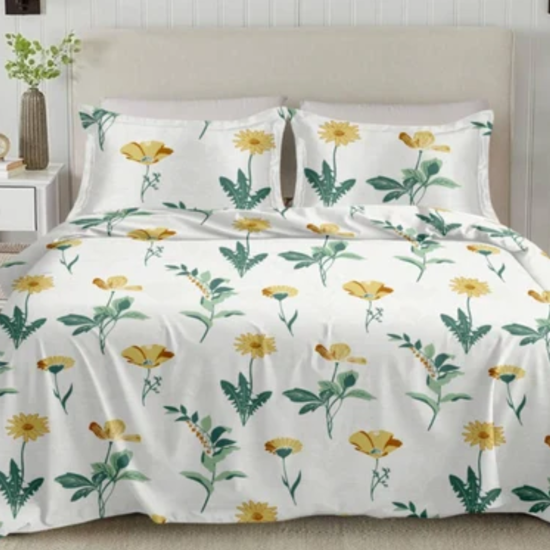 Soft Loom King-Size Bedsheet | 100% Cotton | White & Yellow Green Floral