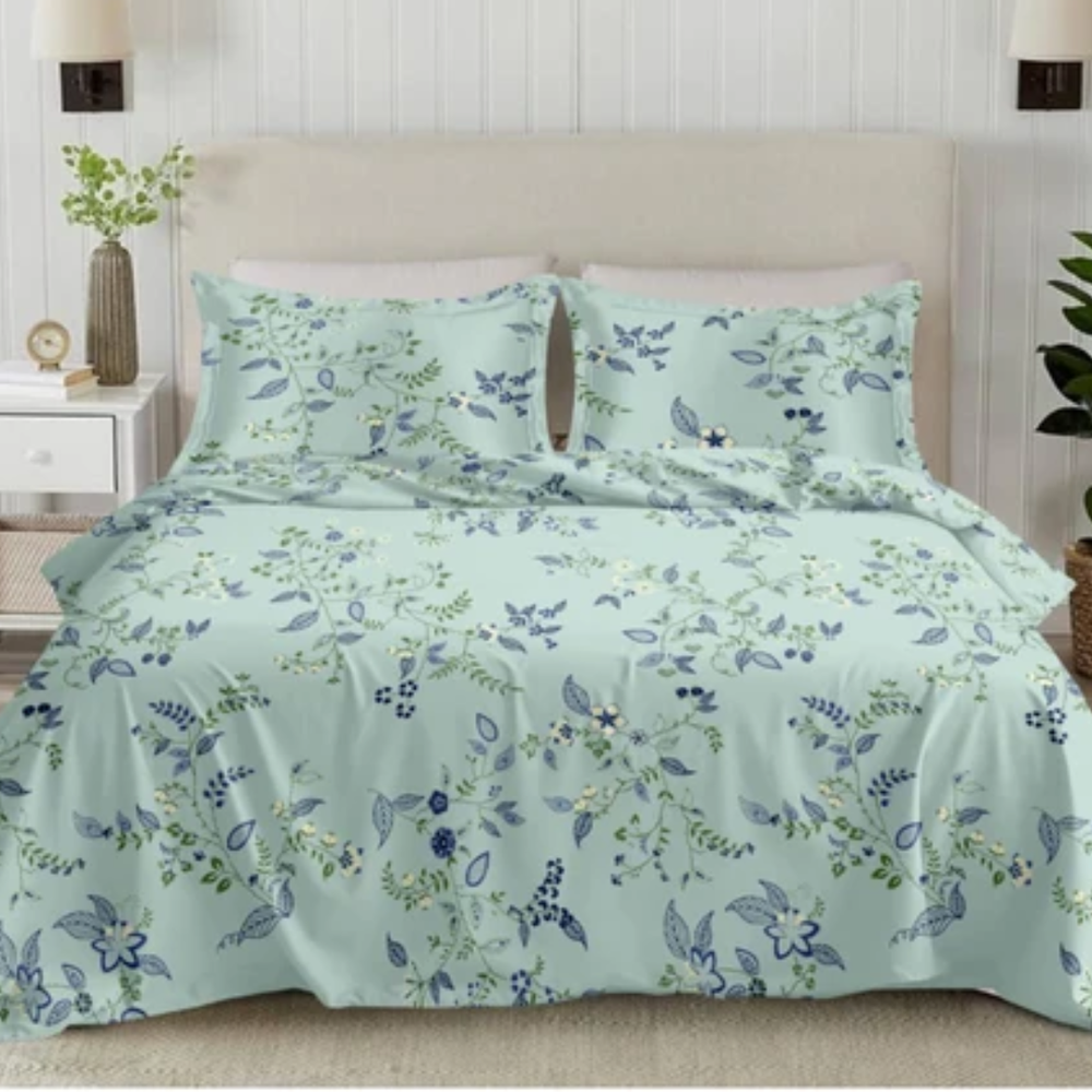 Elan King-Size Bedsheet | 100% Cotton | 250 TC Percale | Crisp & Fresh Feel | Mint Green Floral