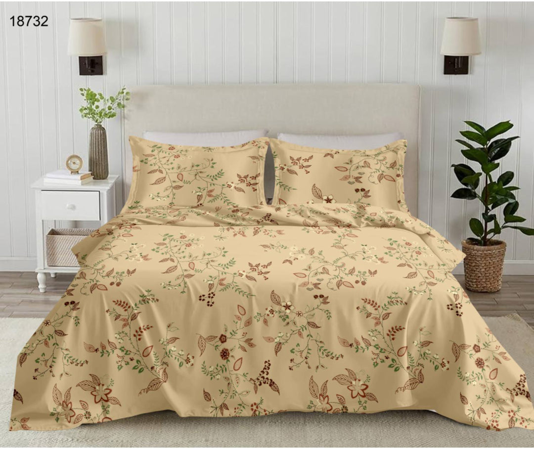 Imperial King Size Flat Bedsheet Set – 250 TC Premium Cotton | Printed | Brown & Green Floral