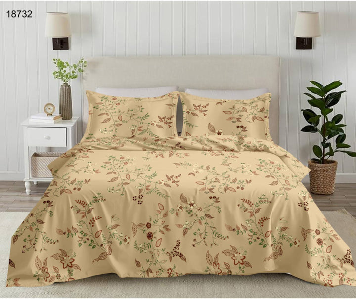 Imperial King Size Flat Bedsheet Set – 250 TC Premium Cotton | Printed | Brown & Green Floral