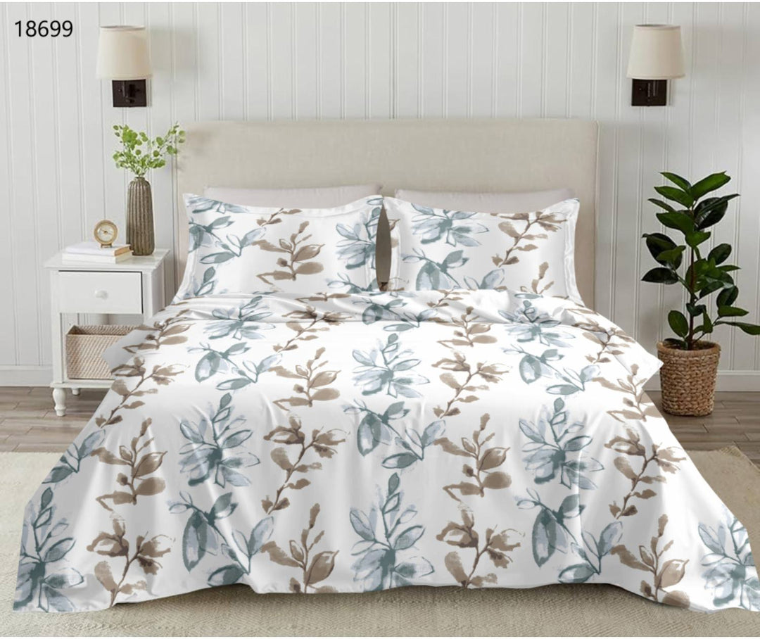ELAN King Size Flat Bedsheet Set – 250 TC Premium Cotton | Printed | Blue & Gray Floral