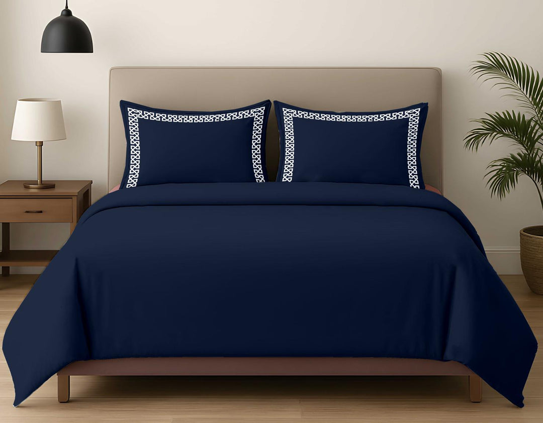 Premium King Size Embroidery Cotton Bedsheet |Luxury Bedding  Set Endless Kont - Navy Blue