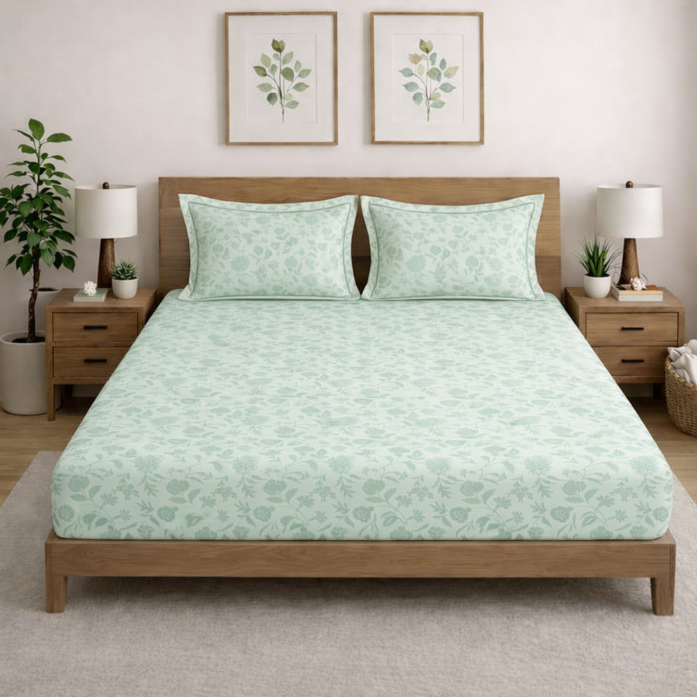 Opulence  King-Size Premium Bedsheet |  500 TC Long-Staple Cotton   | Pure Petal | Sage