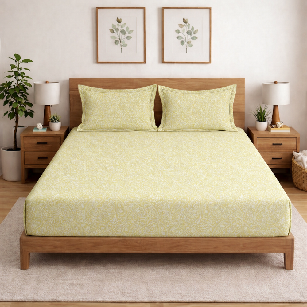 Opulence  King-Size Premium Bedsheet |  500 TC Long-Staple Cotton  | Viora | Lime Colour