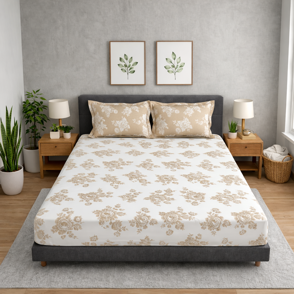 Regalia  King-Size Bedsheet |  300  TC  Premium  Cotton  | Rosette | Beige