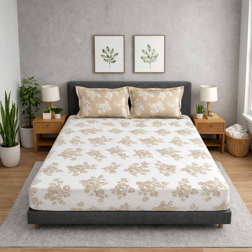 300 TC Cotton Bedsheets – Regalia  Premium Collection | Rosette | Beige