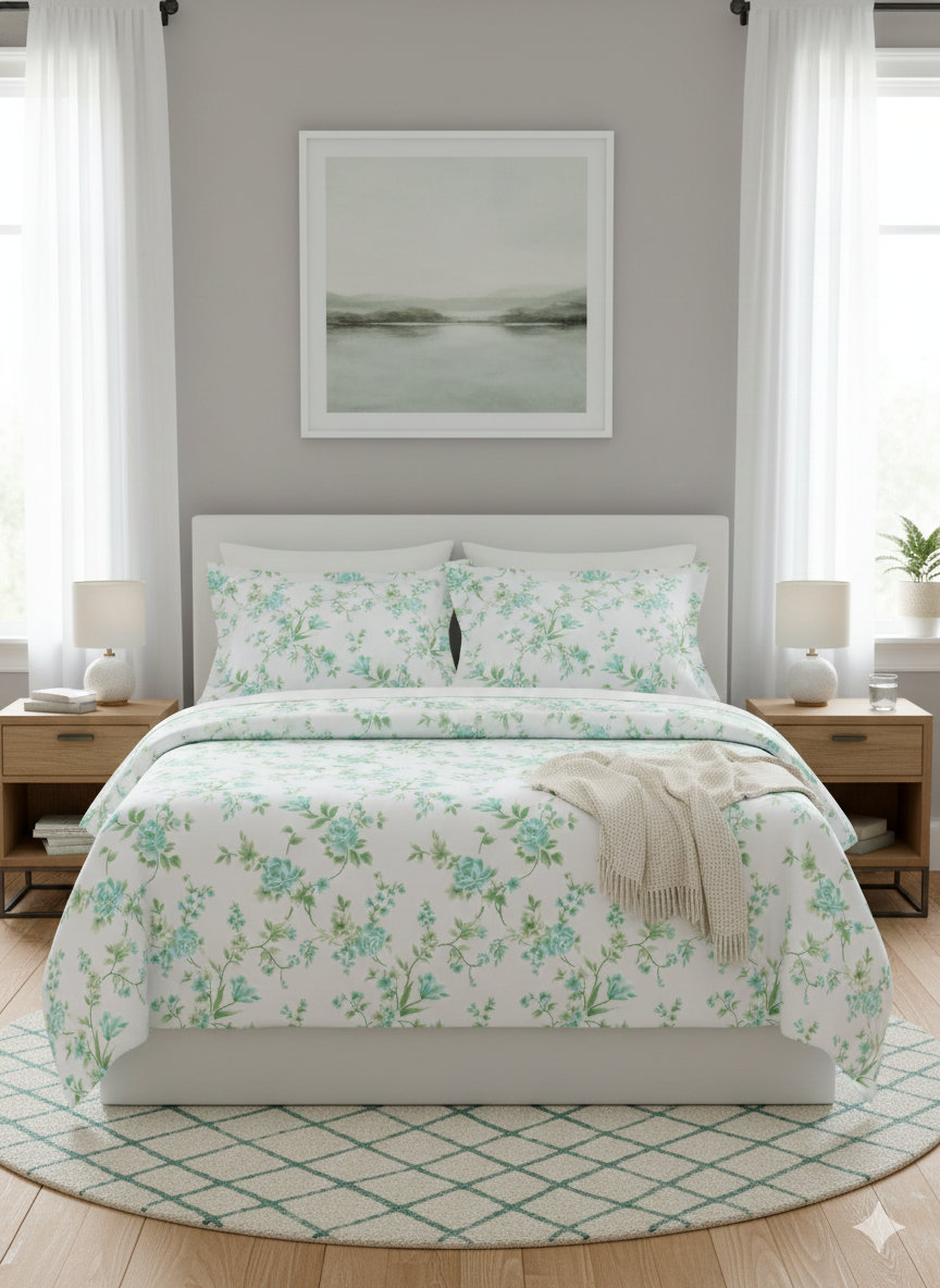 Bombay Dyeing Celsia Soft Botanical Printed Cotton Bedsheet | Green & Blue Floral