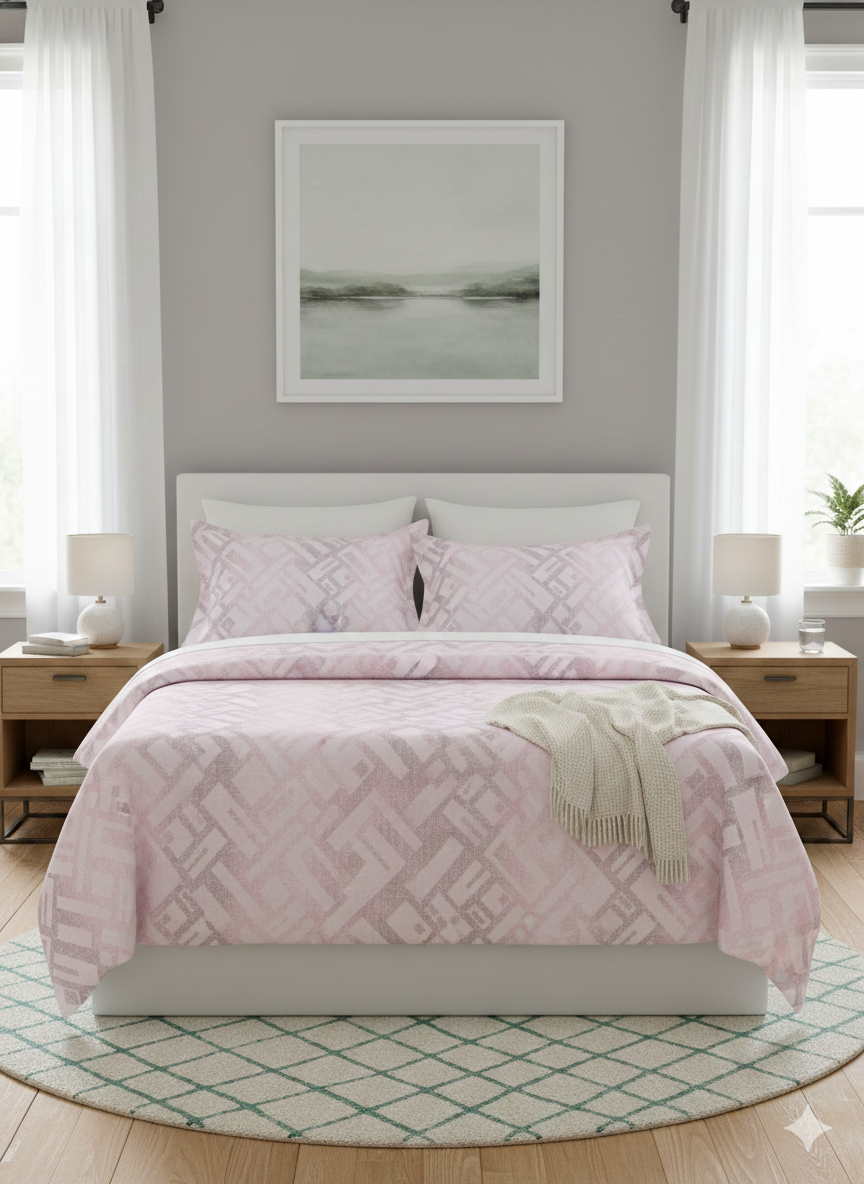 Bombay Dyeing Celsia Urban Geo Printed Cotton Bedsheet | Pink Quilt