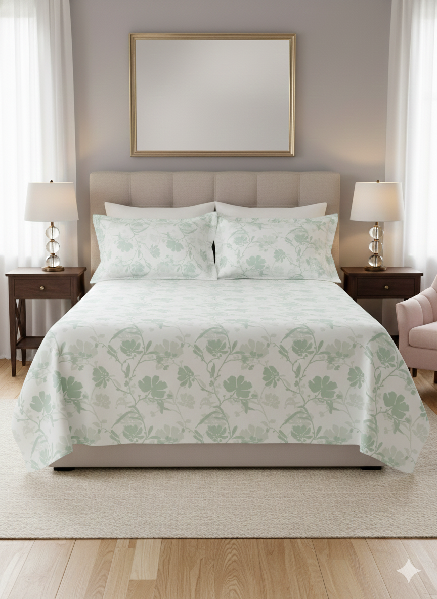 Bombay Dyeing Celsia Petal Trail Printed Cotton Bedsheet | Light Sage Green Floral