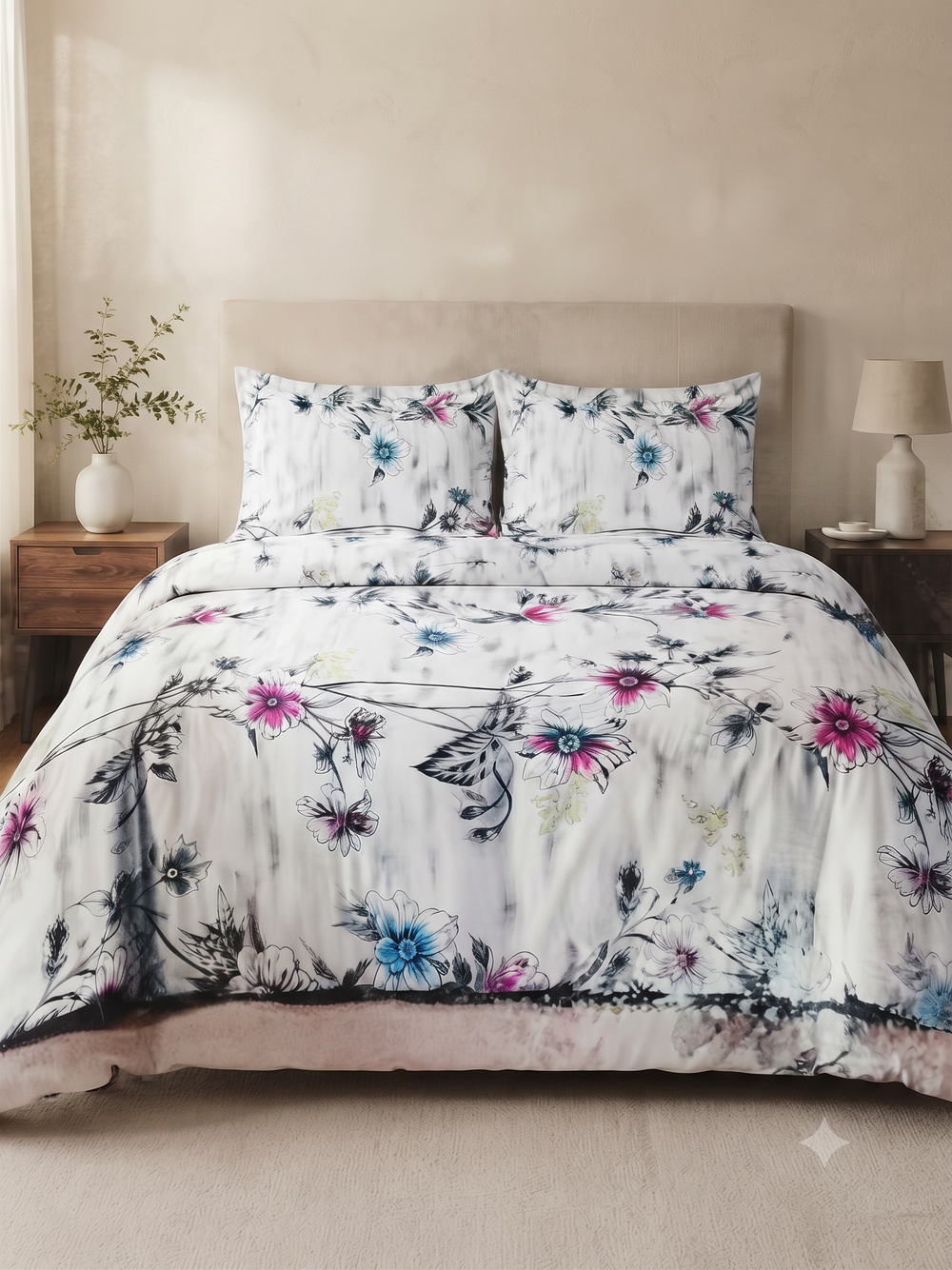 Satin Touch King Size Premium Bedsheet  | 100% Cotton |  300 TC Sateen | Smooth & Silky Feel | Blue & Pink Floral