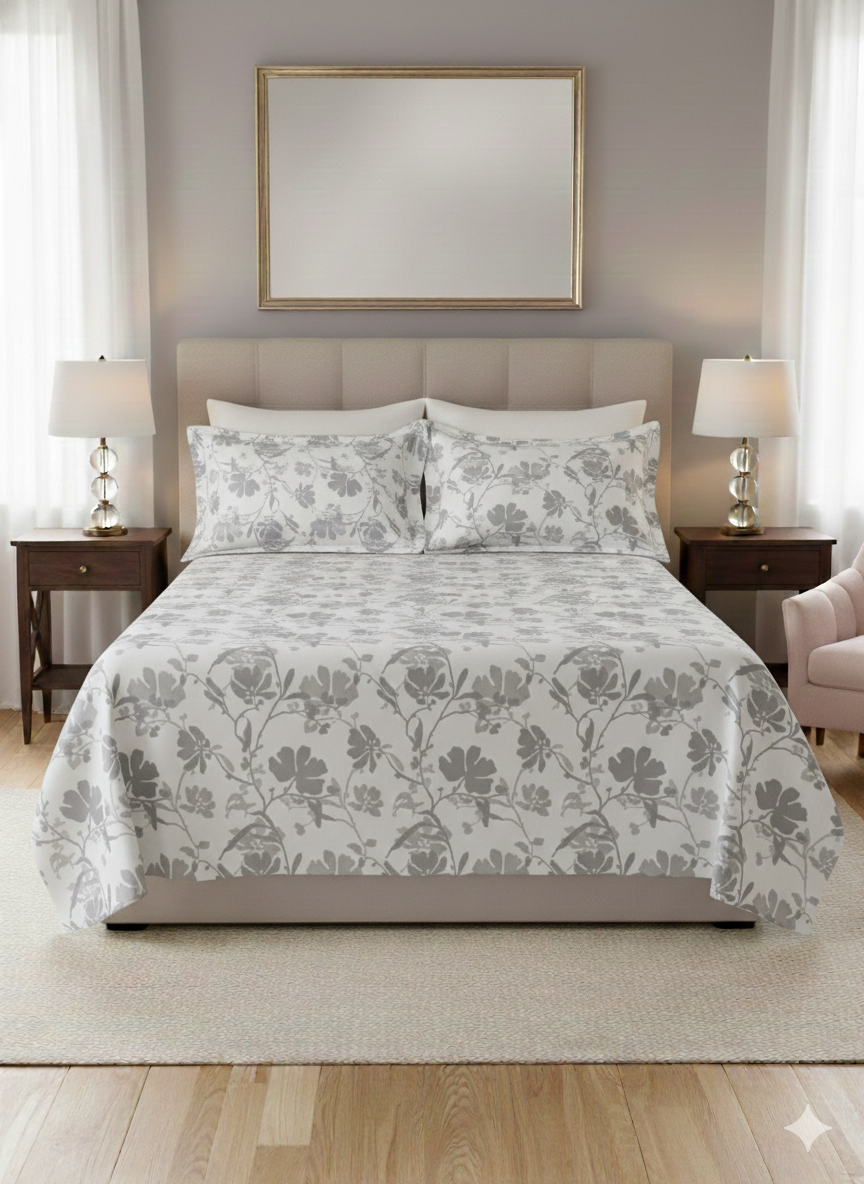 Bombay Dyeing Celsia Petal Trail Printed Cotton Bedsheet | Ash & White Floral