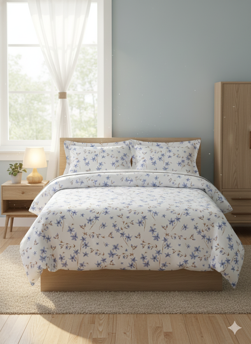 Bombay Dyeing Celsia Meadow Floral Printed Cotton Bedsheet | Blue Floral