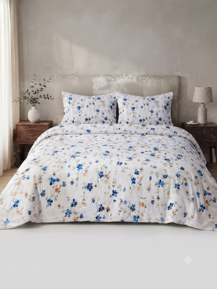 Satin Touch King Size Premium Bedsheet  | 100% Cotton |  300 TC Sateen | Smooth & Silky Feel | Blue & White Floral
