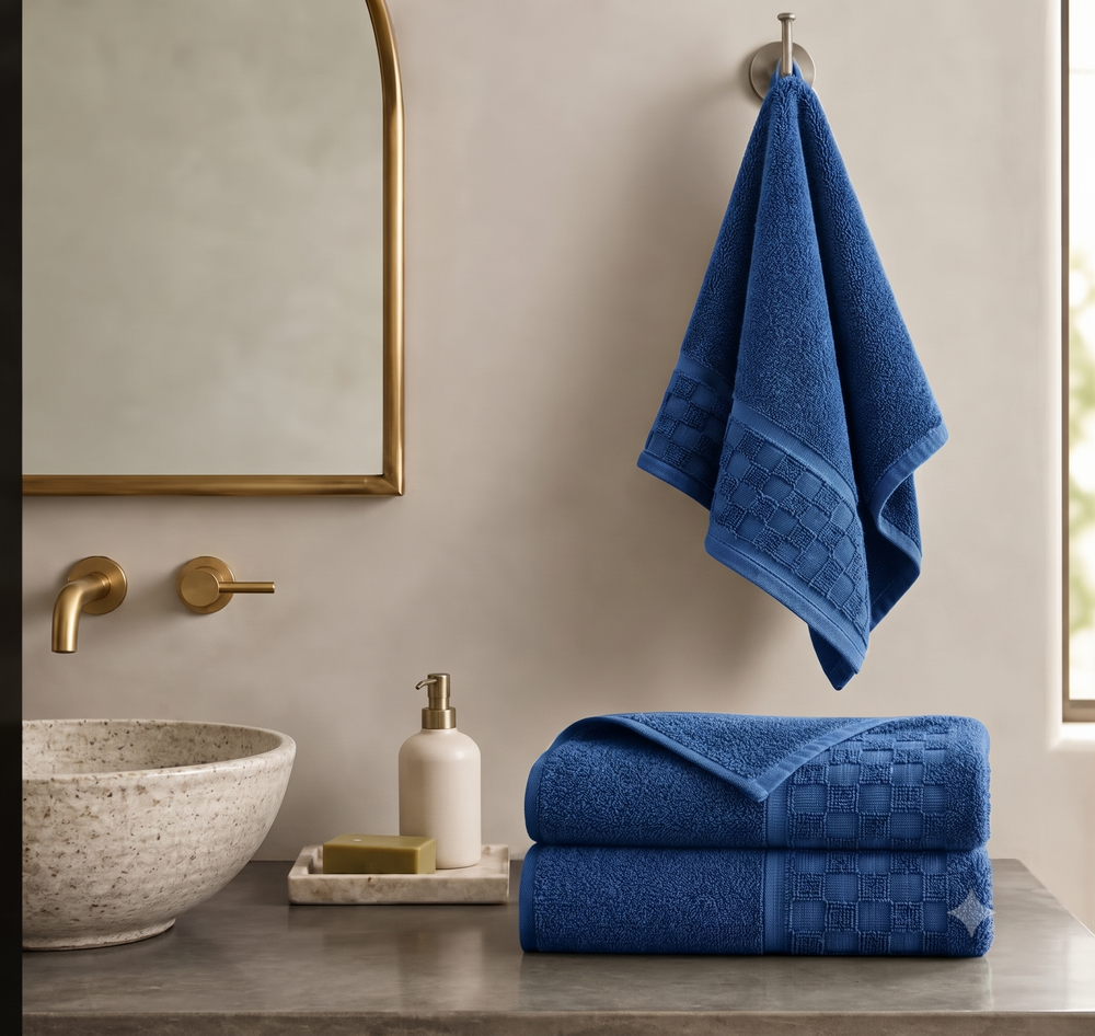 Serenia Bamboo Cotton Hand Towel (Set Of 2)  | Quick-Dry &  Zero Twist | Royal Azure Colour