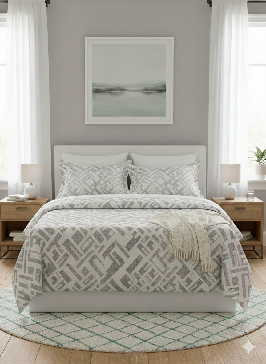 Bombay Dyeing Celsia Urban Geo Printed Cotton Bedsheet | Grey Colour