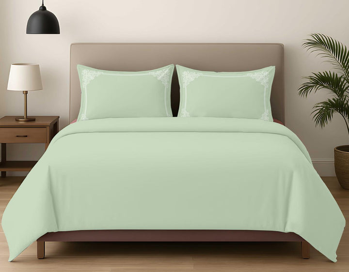 Premium King Size Embroidery Cotton Bedsheet |Luxury Bedding  Set Heritage Scroll - Tea Green