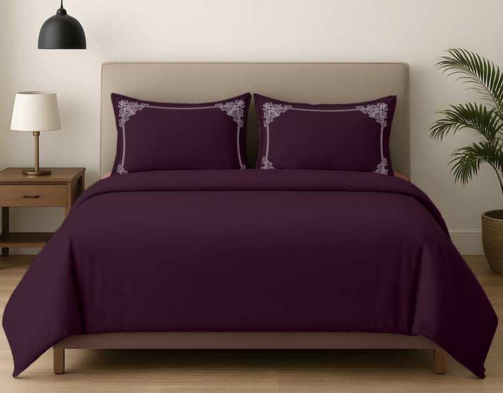 Premium King Size Embroidery Cotton Bedsheet |Luxury Bedding  Set Heritage Scroll - Plum