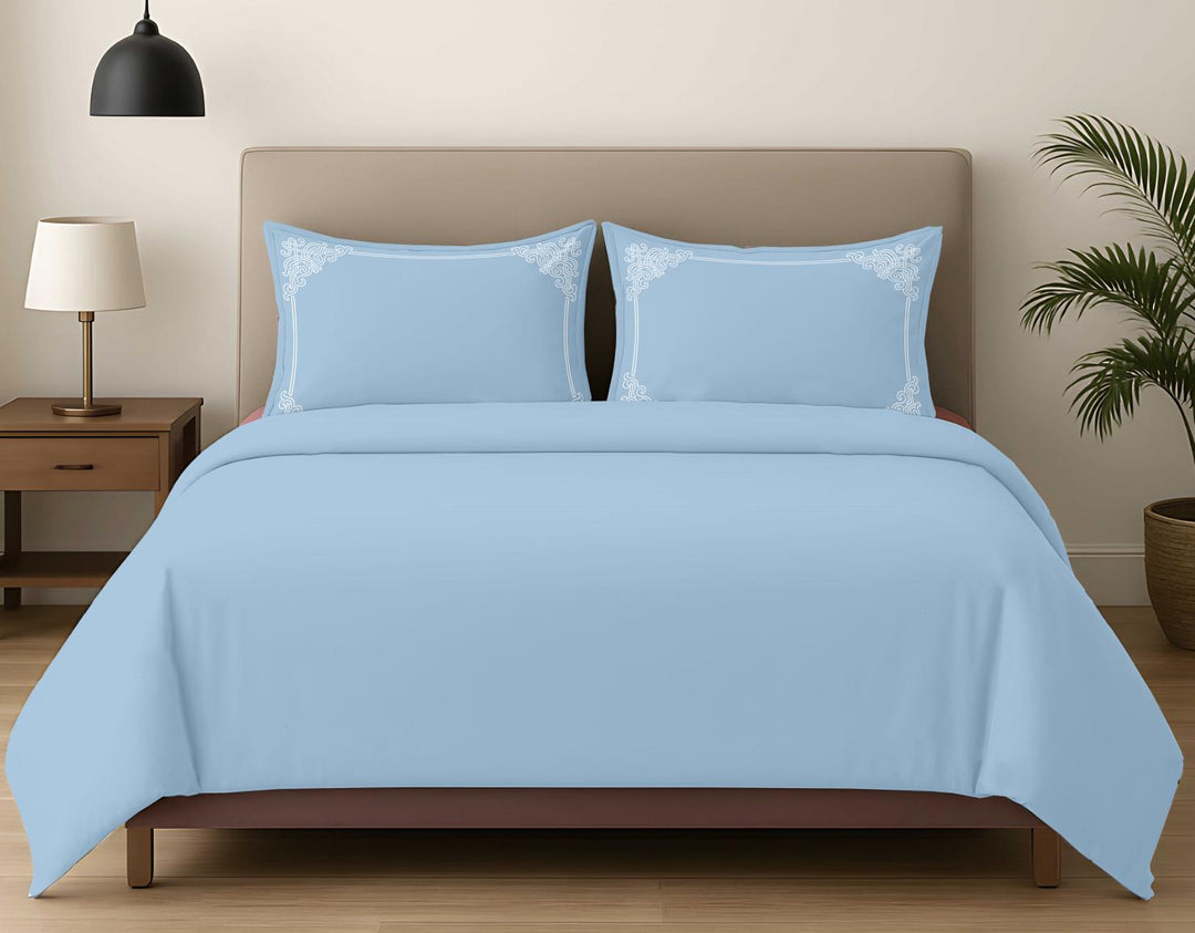 Premium King Size Embroidery Cotton Bedsheet |Luxury Bedding  Set Heritage Scroll - Slate Blue
