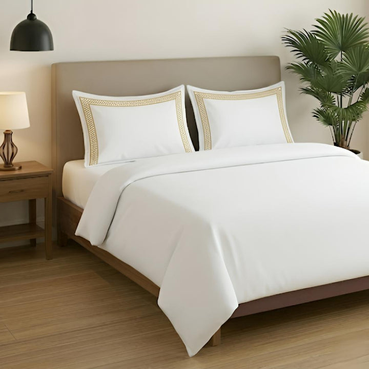 Premium King Size Embroidery Cotton Bedsheet |Luxury Bedding  Set Mughal Net-White Golden