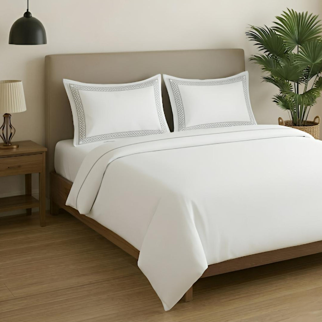 Premium King Size Embroidery Cotton Bedsheet |Luxury Bedding  Set Endless Kont - White Silver