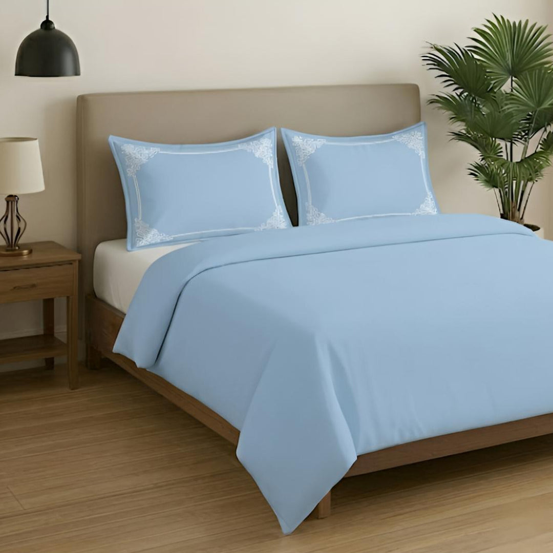 Premium King Size Embroidery Cotton Bedsheet |Luxury Bedding  Set Heritage Scroll - Slate Blue