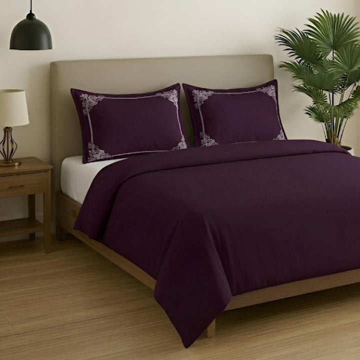 Premium King Size Embroidery Cotton Bedsheet |Luxury Bedding  Set Heritage Scroll - Plum