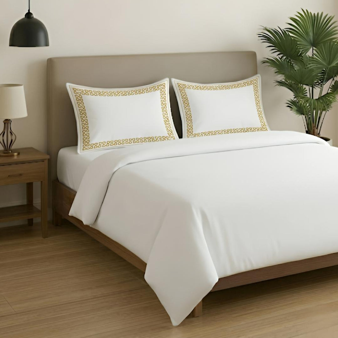 Premium White Cotton King Size Bedsheet with Gold Embroidery | Luxury Bedding Set- Endless Kont White Gold
