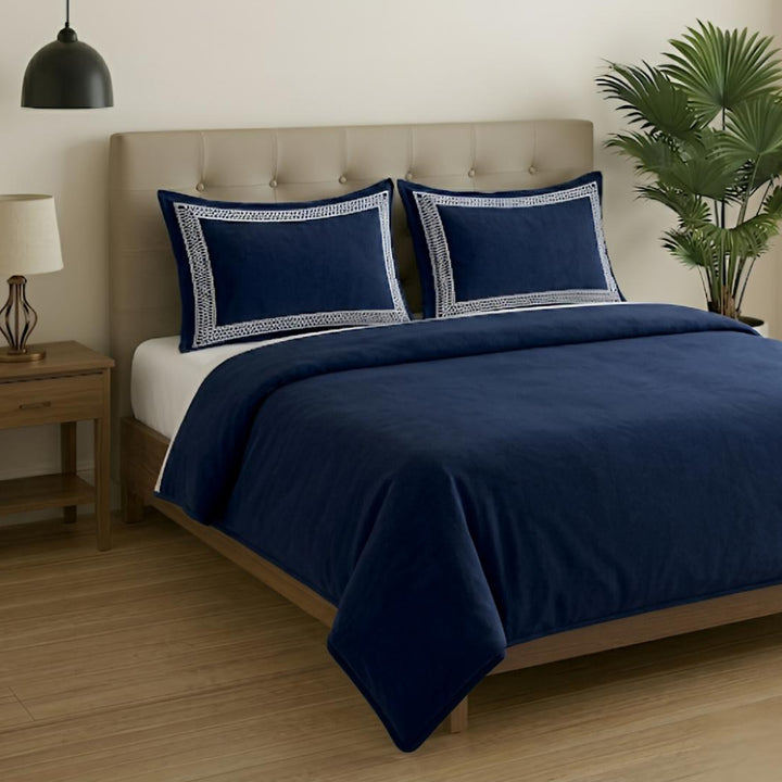 Premium King Size Embroidery Cotton Bedsheet |Luxury Bedding  Set Mughal Net - Navy Blue